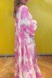 Daily Floral Print V Neck Flare Sleeve Ruffle Hem Vacation A Line Maxi Shirt Dresses