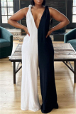 Casual Colorblock Backless Sleeveless Deep V Neck Vacation Knot Strap Wide Leg Jumpsuits
