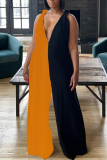 Casual Colorblock Backless Sleeveless Deep V Neck Vacation Knot Strap Wide Leg Jumpsuits