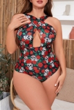 Halloween  Skull Head Floral Print Hollow Out Spaghetti Strap Halter Crossover One Piece Swimsuit Vacation Beach Plus Size Swimwear