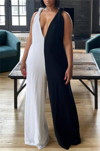 Casual Colorblock Backless Sleeveless Deep V Neck Vacation Knot Strap Wide Leg Jumpsuits