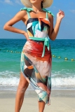 Floral Print Backless Sleeveless Tie Shoulder One Piece Swimsuit Belted Cover Up Side Slit Midi Skirt Beach Vacation Swimwears