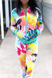 Sportwear Casual Tropical Print Zipper Collar Long Sleeve Pocket Jackets And Skinny Pants Two Pieces Tracksuit Sweatpants Sets