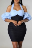 Dark Grey Off-Shoulder Puff sleeve Night Out Bodycon Denim Halter Mini Dress
