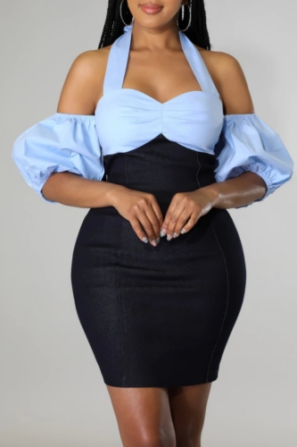 Dark Grey Off-Shoulder Puff sleeve Night Out Bodycon Denim Halter Mini Dress