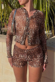 Casual Leopard Print Long Sleeve See-through Buttons Crop Shirt And Shorts Vacation Two Pieces Shorts Sets