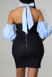 Dark Grey Off-Shoulder Puff sleeve Night Out Bodycon Denim Halter Mini Dress