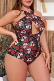 Halloween  Skull Head Floral Print Hollow Out Spaghetti Strap Halter Crossover One Piece Swimsuit Vacation Beach Plus Size Swimwear