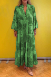 Daily Floral Print V Neck Flare Sleeve Ruffle Hem Vacation A Line Maxi Shirt Dresses