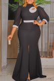 Formal Sequins Half A Turtleneck 3/4 Sleeve Front Slit Mermaid Hem Long Plus Size Bodycon Maxi Wedding Guest Dress