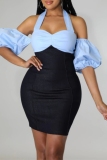 Dark Grey Off-Shoulder Puff sleeve Night Out Bodycon Denim Halter Mini Dress