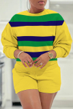 Casual Stripe Print O Neck Long Sleeve Sweatshirt And Shorts Two Pieces Shorts Sets