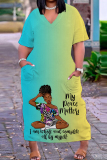Casual Ombre Print V Neck Short Sleeve Pockets Long Baggy Straight Plus Size Maxi T-shirt Dress