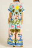 Floral Print Turndown Collar Short Sleeve Blouse And Wide Leg Pants Vacation Two Pieces Trouser Sets
