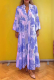 Daily Floral Print V Neck Flare Sleeve Ruffle Hem Vacation A Line Maxi Shirt Dresses