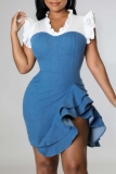 Casual V Neck Ruffle Sleeve Ruffle Trim Vacation Bodycon Denim Mini Dresses