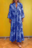 Daily Floral Print V Neck Flare Sleeve Ruffle Hem Vacation A Line Maxi Shirt Dresses