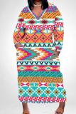 Casual African Graphics Print V Neck Long Sleeve Pokcets Vacation Loose Maxi Dress