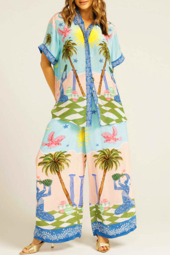 Floral Print Turndown Collar Short Sleeve Blouse And Wide Leg Pants Vacation Two Pieces Trouser Sets