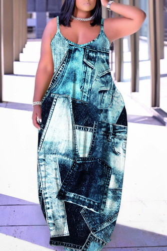 Sexy Graphcis Print Backless Spaghetti Strap Floor Length Vacation Baggy Sundress Slip Maxi Dress