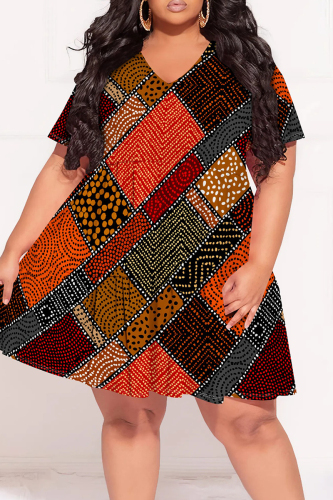 Street Floral Print V Neck Short Sleeve Ruffle Hem Vacation Plus Size A Line Mini Dresses