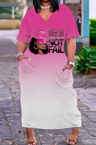 Casual Ombre Print V Neck Short Sleeve Pockets Long Baggy Straight Plus Size Maxi T-shirt Dress