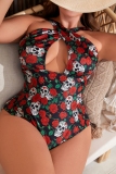 Halloween  Skull Head Floral Print Hollow Out Spaghetti Strap Halter Crossover One Piece Swimsuit Vacation Beach Plus Size Swimwear