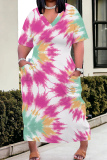 Casual Tie Dye V Neck Short Sleeve Pockets Long Baggy Straight Plus Size Maxi T-shirt Dress