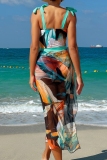 Floral Print Backless Sleeveless Tie Shoulder One Piece Swimsuit Belted Cover Up Side Slit Midi Skirt Beach Vacation Swimwears