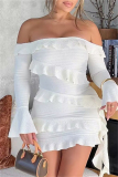 Backless Off Shoulder Flare Sleeve Ruffle Trim Formal Party Evening Bodycon Mini Dresses