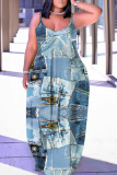 Sexy Graphcis Print Backless Spaghetti Strap Floor Length Vacation Baggy Sundress Slip Maxi Dress