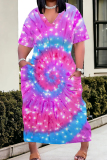 Casual Tie Dye V Neck Short Sleeve Pockets Long Baggy Straight Plus Size Maxi T-shirt Dress