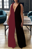 Casual Colorblock Backless Sleeveless Deep V Neck Vacation Knot Strap Wide Leg Jumpsuits
