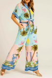 Floral Print Turndown Collar Short Sleeve Blouse And Wide Leg Pants Vacation Two Pieces Trouser Sets