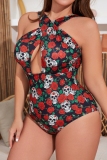 Halloween  Skull Head Floral Print Hollow Out Spaghetti Strap Halter Crossover One Piece Swimsuit Vacation Beach Plus Size Swimwear