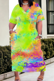 Casual Tie Dye V Neck Short Sleeve Pockets Long Baggy Straight Plus Size Maxi T-shirt Dress