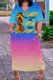 Casual Ombre Print V Neck Short Sleeve Pockets Long Baggy Straight Plus Size Maxi T-shirt Dress