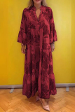 Daily Floral Print V Neck Flare Sleeve Ruffle Hem Vacation A Line Maxi Shirt Dresses