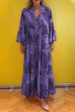 Daily Floral Print V Neck Flare Sleeve Ruffle Hem Vacation A Line Maxi Shirt Dresses