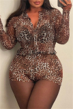 Casual Leopard Print Long Sleeve See-through Buttons Crop Shirt And Shorts Vacation Two Pieces Shorts Sets
