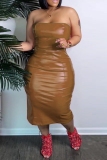 Casual Backless Strapless Wrapped Skirt Night Club Bodycon Leather Tube Midi Dresses