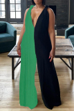 Casual Colorblock Backless Sleeveless Deep V Neck Vacation Knot Strap Wide Leg Jumpsuits