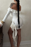 Backless Off Shoulder Flare Sleeve Ruffle Trim Formal Party Evening Bodycon Mini Dresses