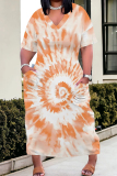 Casual Tie Dye V Neck Short Sleeve Pockets Long Baggy Straight Plus Size Maxi T-shirt Dress