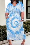 Casual Tie Dye V Neck Short Sleeve Pockets Long Baggy Straight Plus Size Maxi T-shirt Dress