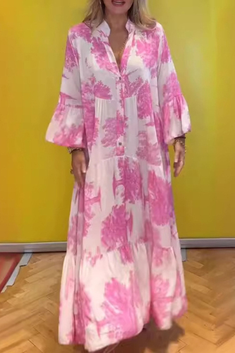 Daily Floral Print V Neck Flare Sleeve Ruffle Hem Vacation A Line Maxi Shirt Dresses