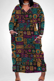 Casual African Graphics Print V Neck Long Sleeve Pokcets Vacation Loose Maxi Dress