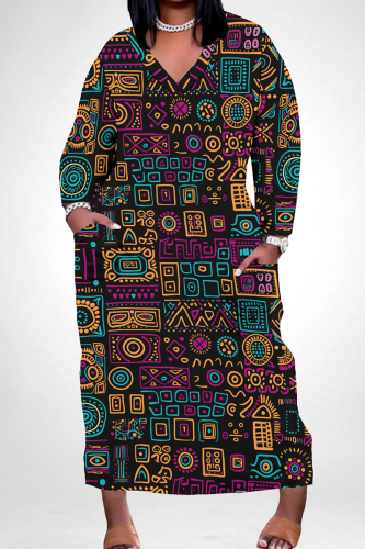 Casual African Graphics Print V Neck Long Sleeve Pokcets Vacation Loose Maxi Dress