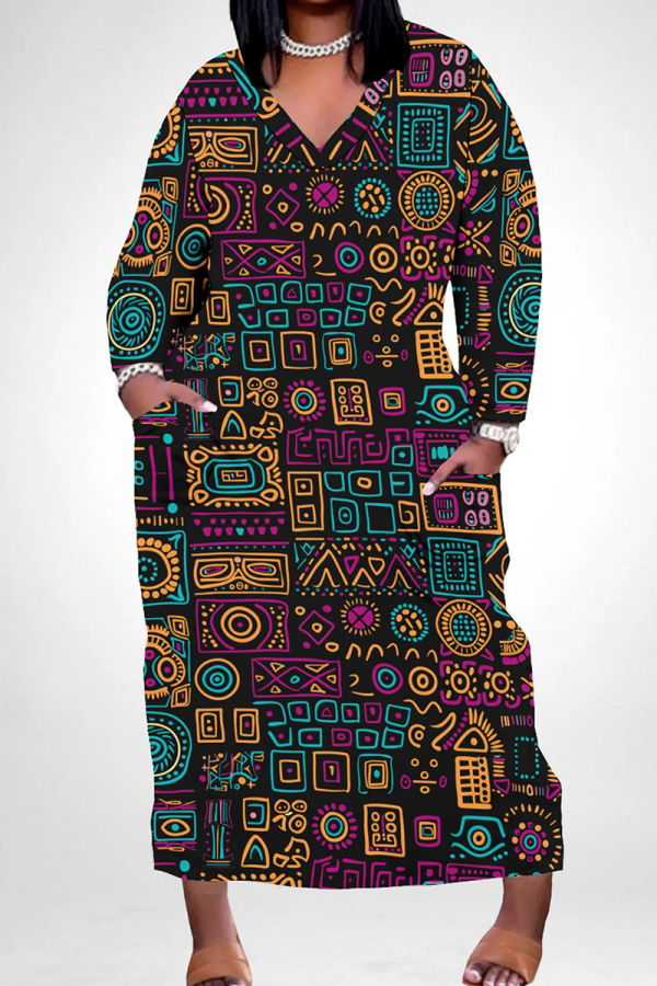 Casual African Graphics Print V Neck Long Sleeve Pokcets Vacation Loose Maxi Dress