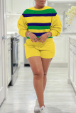 Casual Stripe Print O Neck Long Sleeve Sweatshirt And Shorts Two Pieces Shorts Sets